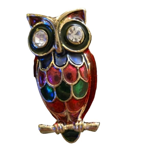 Enamel on Brass Red Owl Shaped Brooch Pin with Rhinestone Eyes Lot 6 - Picture 1 of 3